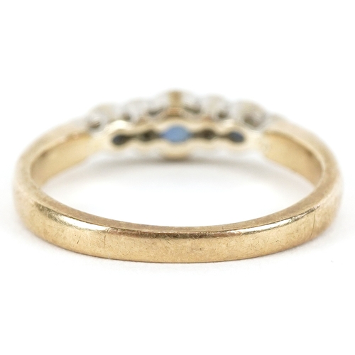 3110 - A 9ct gold graduated sapphire and diamond half eternity ring, size M, 2.4g.