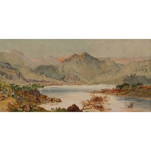 2416 - M. Radcliffe - Lake before a mountainous landscape, 19th century British school oil on canvas, signe... 