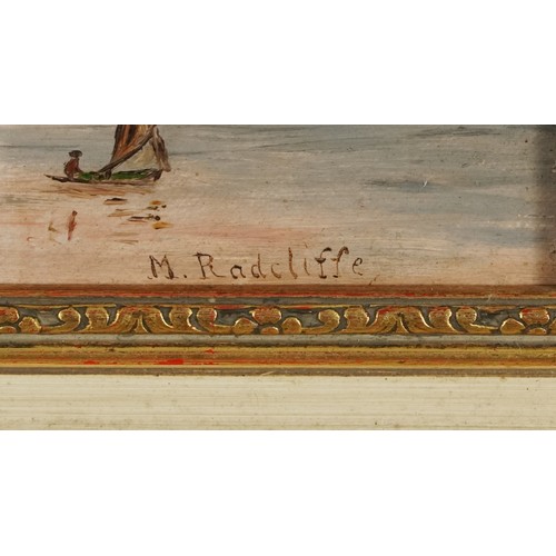 2416 - M. Radcliffe - Lake before a mountainous landscape, 19th century British school oil on canvas, signe... 