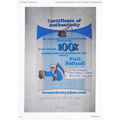 1409 - Lennox Lewis with Joe Steeples, a signed  Autobiography of The WBC Heavyweight Champion of the World... 