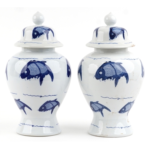 465 - A matched pair of Chinese blue and white porcelain vases and covers hand painted with fish, the larg... 