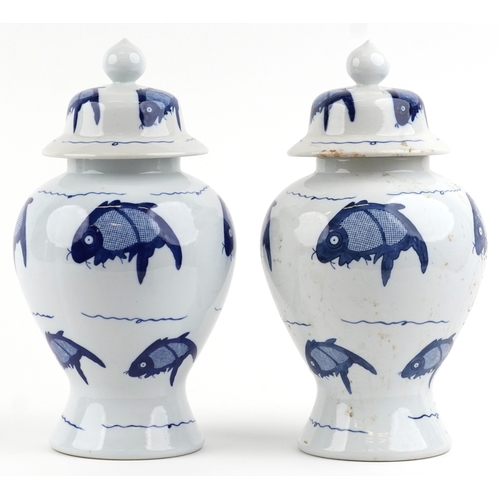 465 - A matched pair of Chinese blue and white porcelain vases and covers hand painted with fish, the larg... 