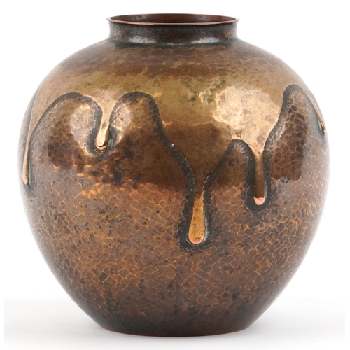 460 - A Japanese copper vase with planished decoration character marks to the base, 18cm high.