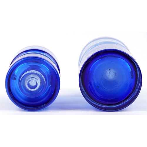 159 - A Scandinavian Riihimaki hooped glass vase together with a similar example, the largest 28cm high.