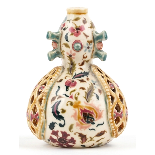 489 - Zsolnay Pécs, A Hungarian porcelain reticulated vase hand painted with stylized flowers, 15cm high.