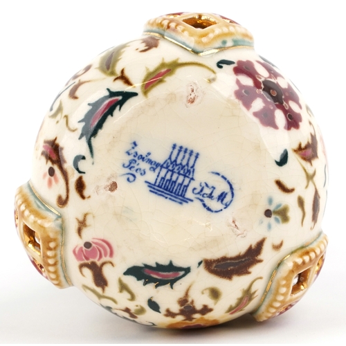489 - Zsolnay Pécs, A Hungarian porcelain reticulated vase hand painted with stylized flowers, 15cm high.