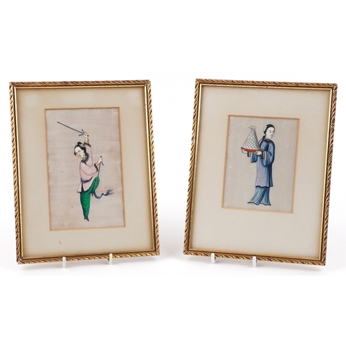 2443 - Two Chinese rice paper paintings of female attendants, mounted, framed and glazed, the largest 17cm ... 