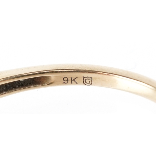 3232 - A 9K gold blue stone and clear stone half eternity ring, size T, 2.1g.