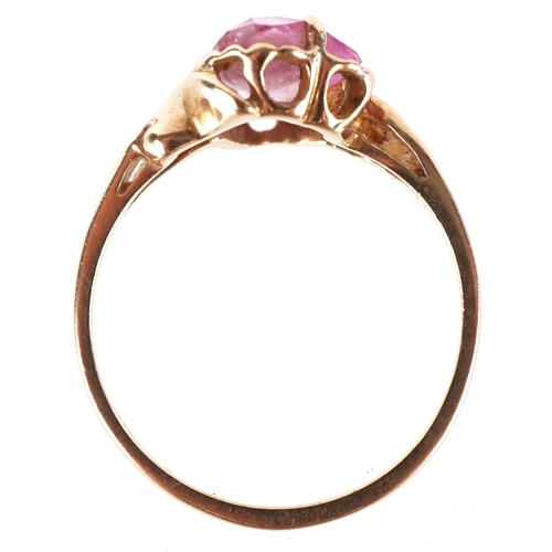 3344 - A 9ct gold pink topaz love heart design ring, size L/M, 1.9g.