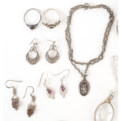 3327 - Antique and later silver and white metal jewellery including a large pair of silver Modernist earrin... 