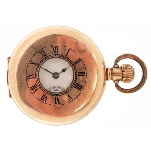 3302 - Waltham, a gentlemen's gold plated half hunter top wind pocket watch having enamelled dial with Roma... 