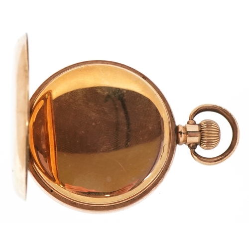 3302 - Waltham, a gentlemen's gold plated half hunter top wind pocket watch having enamelled dial with Roma... 