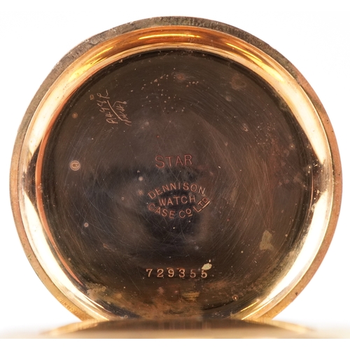 3302 - Waltham, a gentlemen's gold plated half hunter top wind pocket watch having enamelled dial with Roma... 