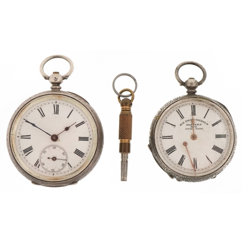 3296 - Two ladies silver open face keywind pocket watches having enamelled dials with Roman numerals, the l... 