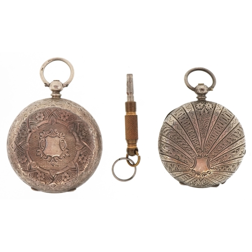3296 - Two ladies silver open face keywind pocket watches having enamelled dials with Roman numerals, the l... 