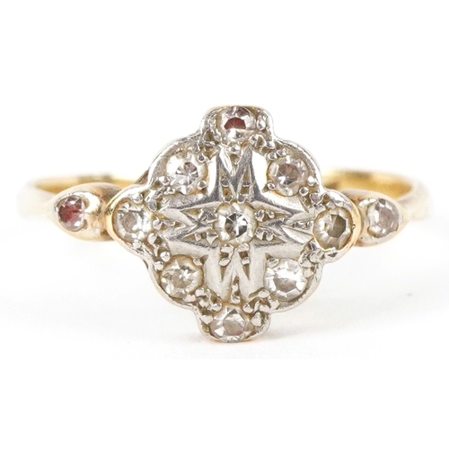 3152 - An Art Deco 18ct gold and platinum diamond cluster ring, size K, 2.1g.