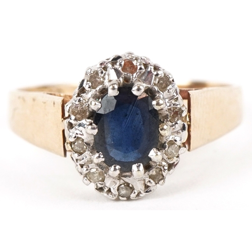 3223 - A 9ct gold blue spinel and diamond cluster ring, size R, 3.0g.
