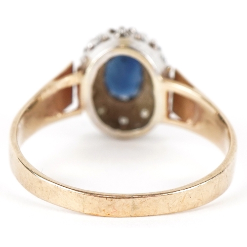 3223 - A 9ct gold blue spinel and diamond cluster ring, size R, 3.0g.