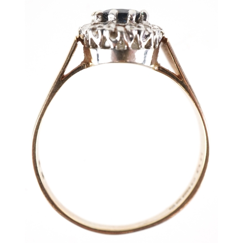 3223 - A 9ct gold blue spinel and diamond cluster ring, size R, 3.0g.