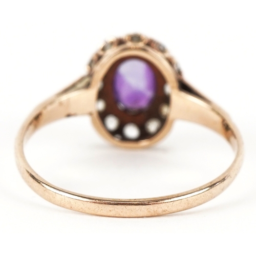 3226 - A 9ct gold amethyst and clear stone cluster ring, size Q/R, 2.1g.