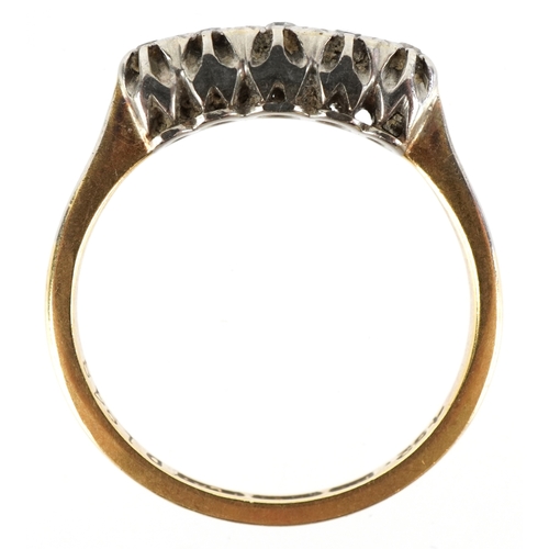 3334 - An 18ct gold and platinum graduated diamond five stone ring, size L, 2.5g.