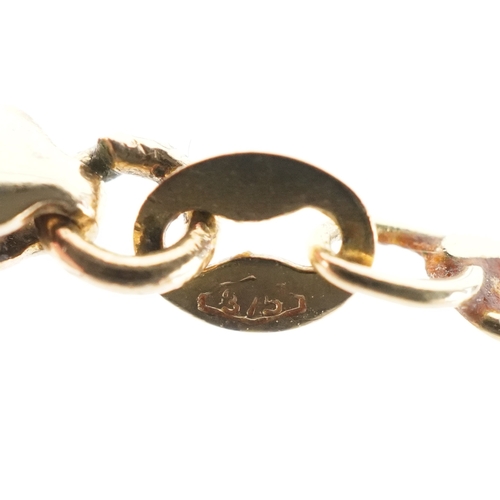 3005 - An unmarked gold naturalistic pendant, tests as 9ct gold, on a 9ct gold curb link necklace, 3.5cm hi... 