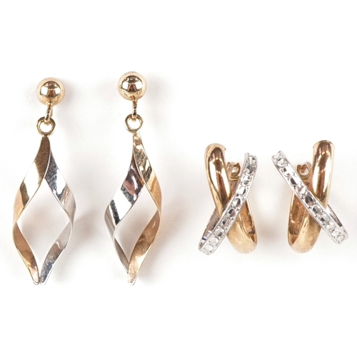 3154 - Two pairs of 9ct two tone gold earrings, the largest 3cm high, total 2.8g.