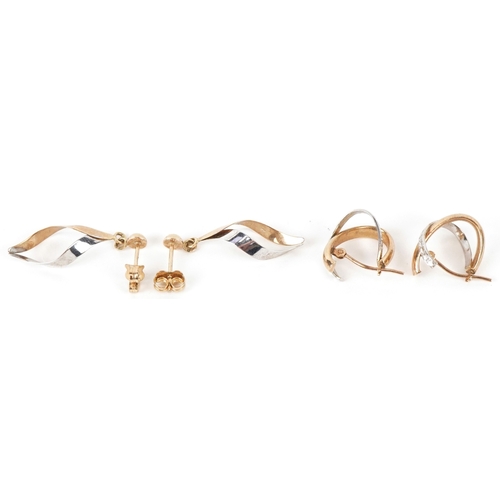 3154 - Two pairs of 9ct two tone gold earrings, the largest 3cm high, total 2.8g.