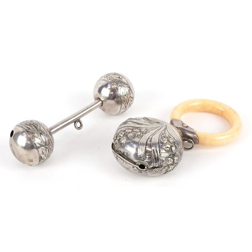 3594 - Two early 20th century unmarked silver babies rattles, each 9.5cm wide in length, total 53.4g.