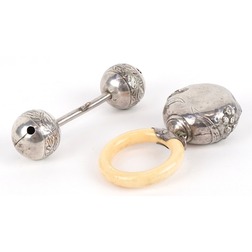 3594 - Two early 20th century unmarked silver babies rattles, each 9.5cm wide in length, total 53.4g.