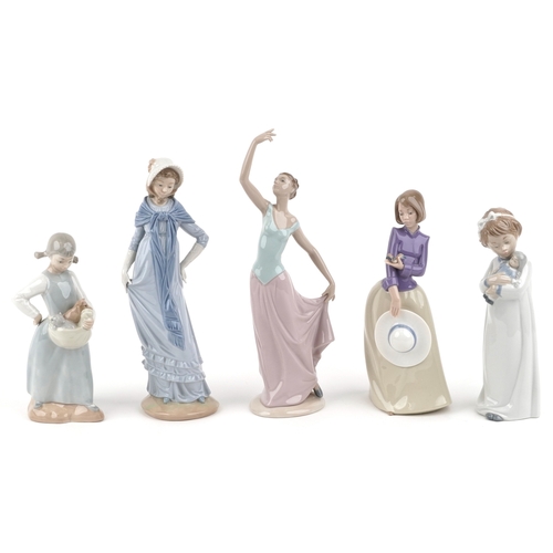 626 - Five Nao porcelain figurines including a ballerina and young girl with doll, the largest 35cm high.
