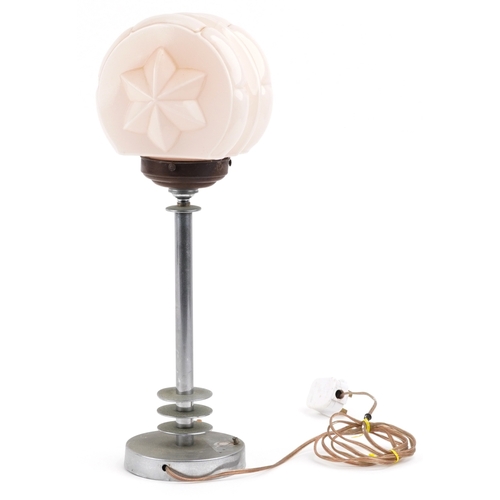 209 - An Art Deco chrome table lamp with peach moulded glass shade, 48cm high.