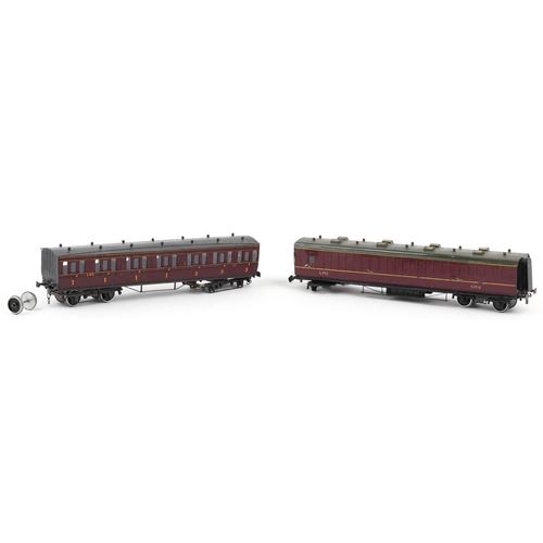 773 - Two vintage scratch built O gauge model railway LMS carriages, the largest 35cm in length.