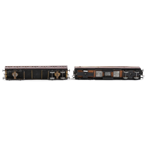 773 - Two vintage scratch built O gauge model railway LMS carriages, the largest 35cm in length.