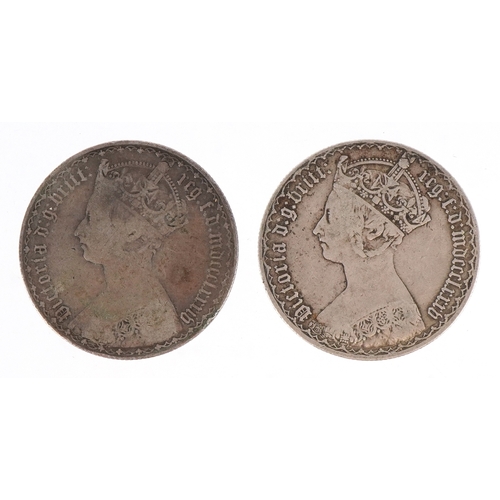 1113 - Two Victorian silver Gothic florins dated 1884 and 1885.