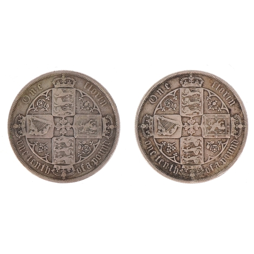 1113 - Two Victorian silver Gothic florins dated 1884 and 1885.