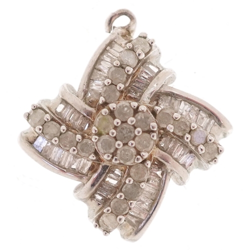 3153 - An unmarked white gold diamond cluster pendant, 1.5cm high, 2.0g.