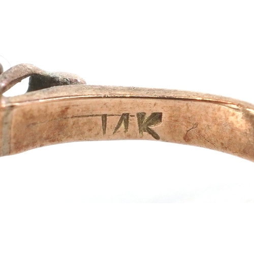 3305 - A 14K gold green stone five tier cluster ring, size H, 5.0g.