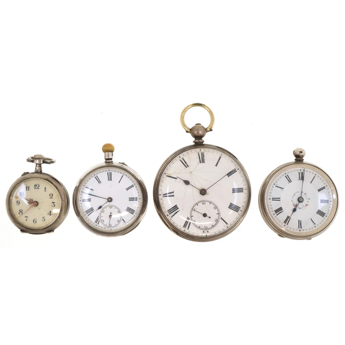 3398 - Four antique and later ladies and gentlemen's silver cased open face pocket watches, the largest 45m... 