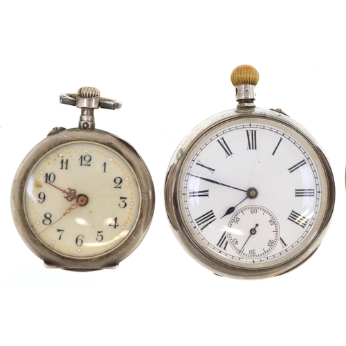 3398 - Four antique and later ladies and gentlemen's silver cased open face pocket watches, the largest 45m... 