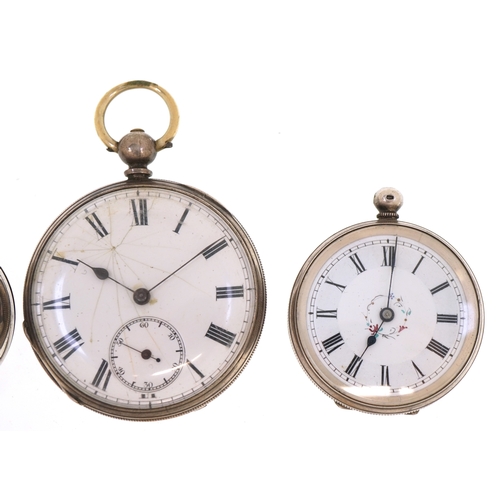 3398 - Four antique and later ladies and gentlemen's silver cased open face pocket watches, the largest 45m... 