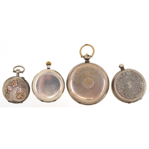 3398 - Four antique and later ladies and gentlemen's silver cased open face pocket watches, the largest 45m... 