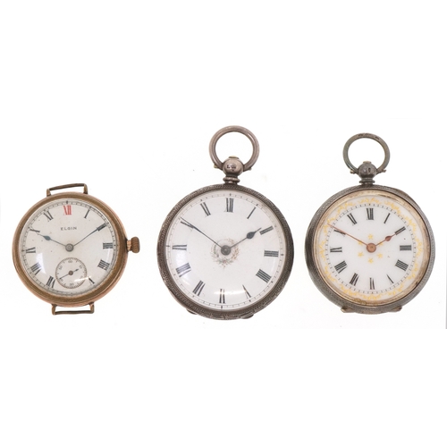 3380 - Two ladies silver open face pocket watches with enamelled dials and an Elgin gold plated manual wind... 