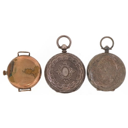 3380 - Two ladies silver open face pocket watches with enamelled dials and an Elgin gold plated manual wind... 