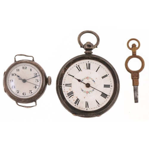 3403 - A ladies silver cased key wind open face pocket watch and a ladies silver cased wristwatch, each wit... 