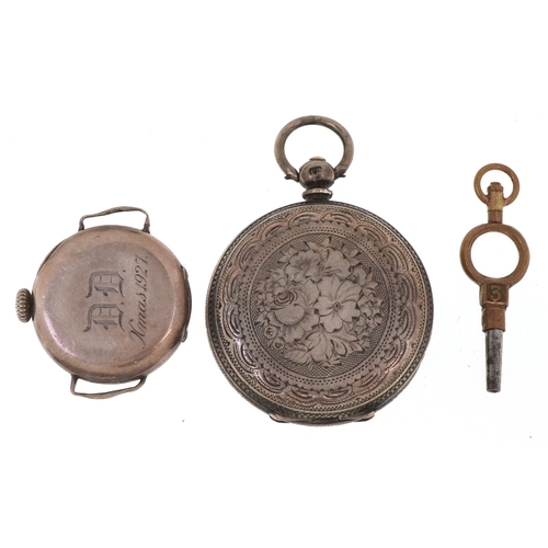 3403 - A ladies silver cased key wind open face pocket watch and a ladies silver cased wristwatch, each wit... 