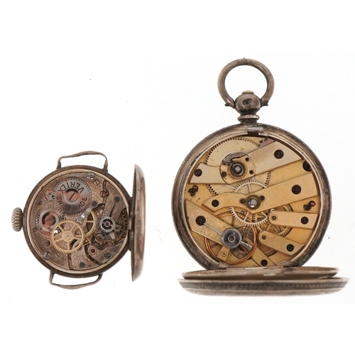 3403 - A ladies silver cased key wind open face pocket watch and a ladies silver cased wristwatch, each wit... 