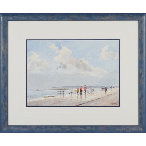 2282 - Frank J. James - Anglers at Seaford, 20th century British school watercolour on paper, signed, frame... 
