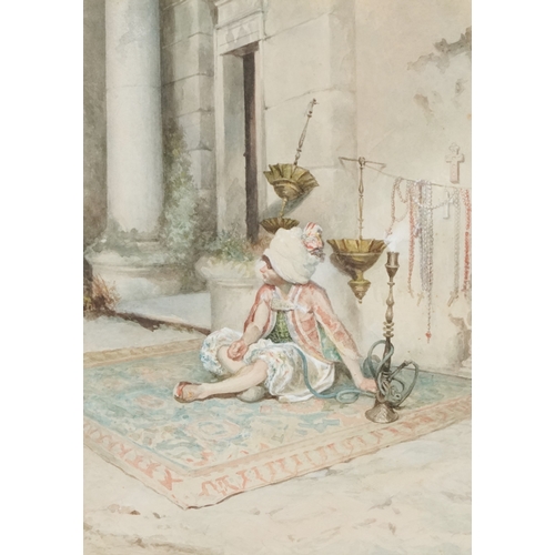 2288 - Young man seated on a rug, 20th century continental school watercolour on paper, unsigned, framed an... 