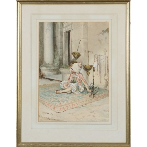 2288 - Young man seated on a rug, 20th century continental school watercolour on paper, unsigned, framed an... 